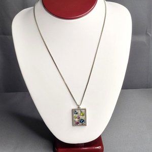 M4M Signed Silver Tone Box Link Chain Rectangle Pendant Necklace 18 in